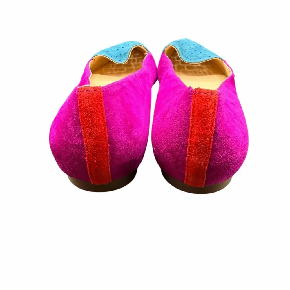 Brian Atwood Suede Flats 9.5 Pink Blue Pointed Toe Colorblock Perforated